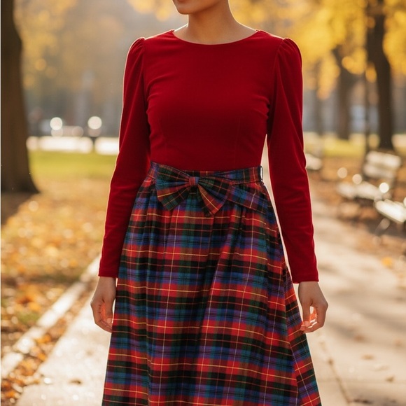 Lanz Originals Dresses & Skirts - Vtg 80s Lanz Red Velvet Tartan Plaid Taffeta Holiday Formal Party Gown Dress 10